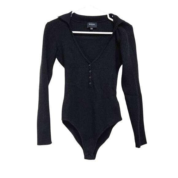 Bardot Collared Ribbed Long Sleeve Henley Bodysuit Hi-Cut Leg Black Size Medium - Picture 1 of 10